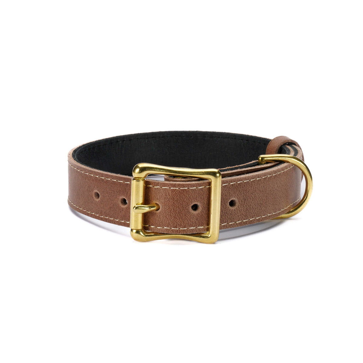 Tan full-grain leather dog collar with solid brass buckle and D-ring — product shot