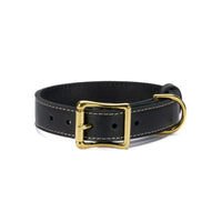 Black full-grain leather dog collar with solid brass hardware — product shot